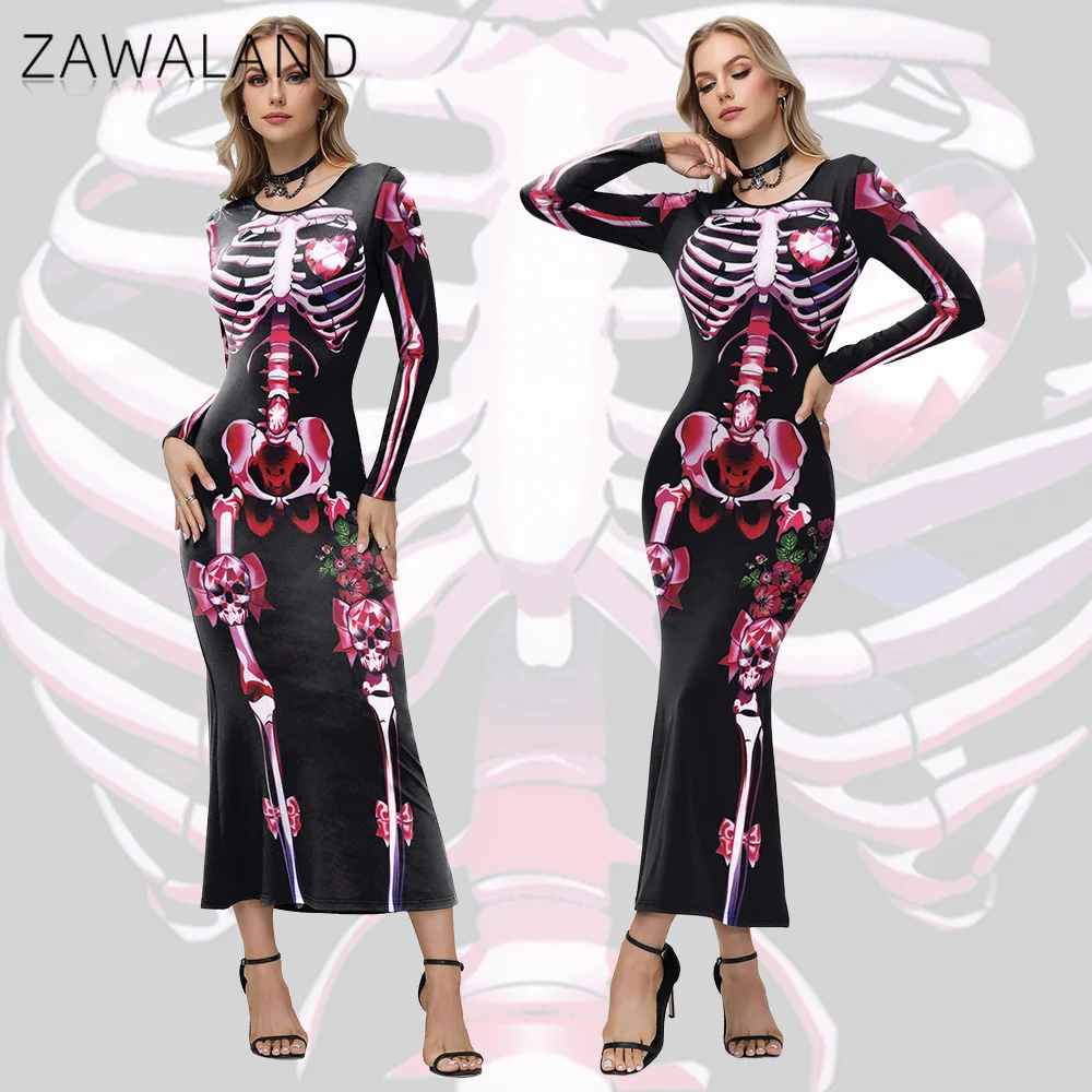 

Cosplay Costume Rose Skeleton Scary Halloween Dresses Women Long Sleeve 3D Printed Skirt Novelty Clothes Carnival Party Outfits