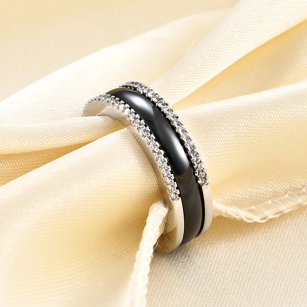 New 6MM Exquisite Ceramic Rings Micro Inlaid Zircon Rotatable Stainless Steel Ring Jewelry for Women Wedding Gifts