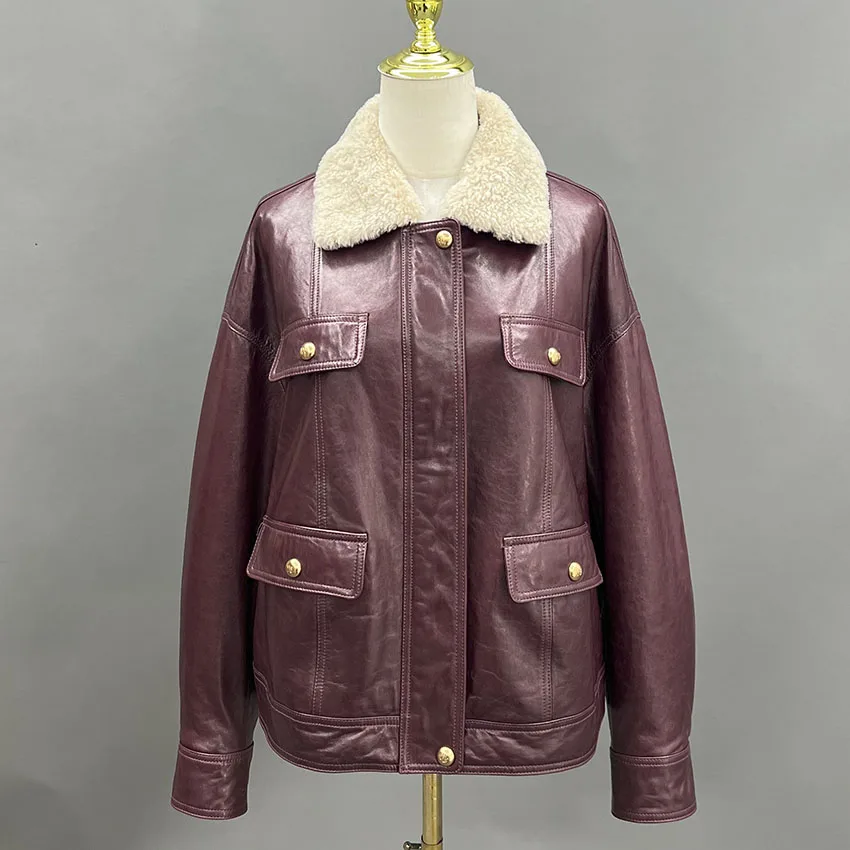 JANEFUR Women's Winter Coat Wine-Red Genuine Leather Down Jacket With Lambswool Collar Real Leather JFB8-25003