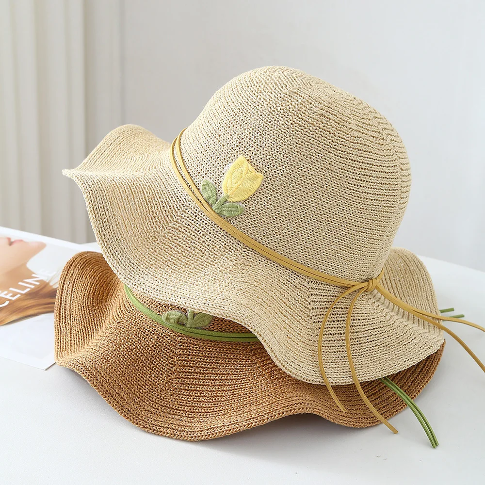 Faltbarer Sommer-Strandhut für Damen mit Breiter Krempe, Strohhut im Tulpen-Design, Atmungsaktiv und Modisch, Küstensonnenschutz