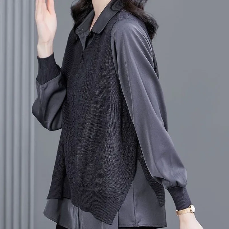 Spring and Autumn Women\'s Pullover Button Solid Color Splice Loose Fit Long Sleeve Sweater Underlay Casual Elegant Commuter Tops