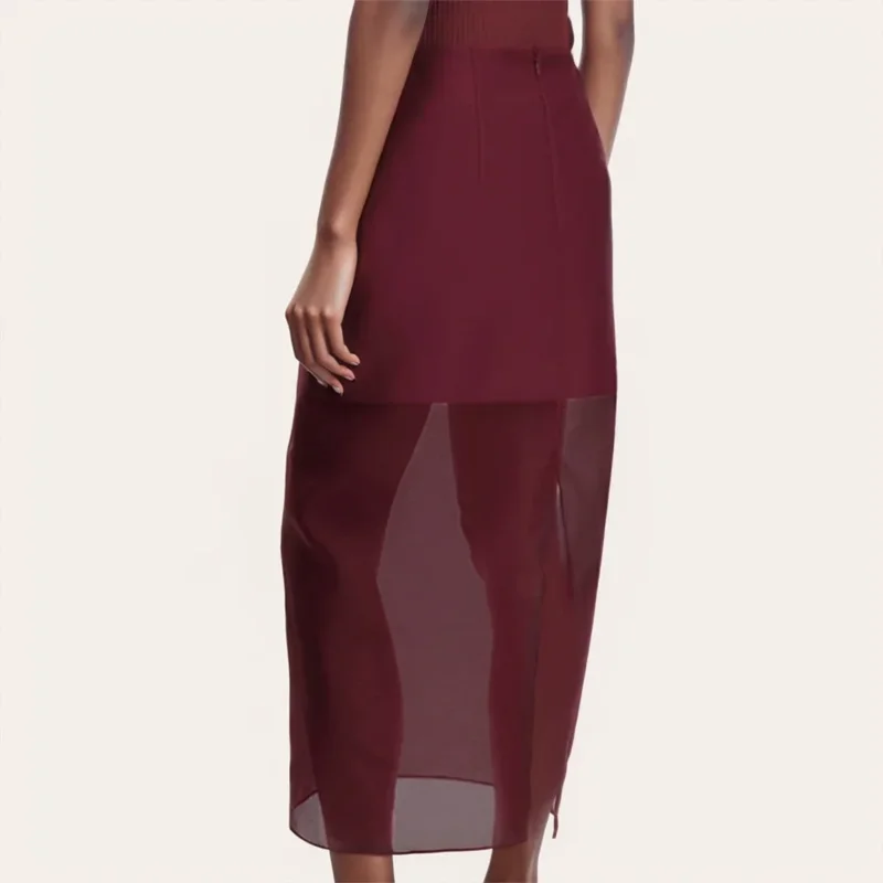 New Fashionable Versatile Black Mesh Skirt for Women Double-Layer Design Sheer High-Waisted Split Pencil Skirt