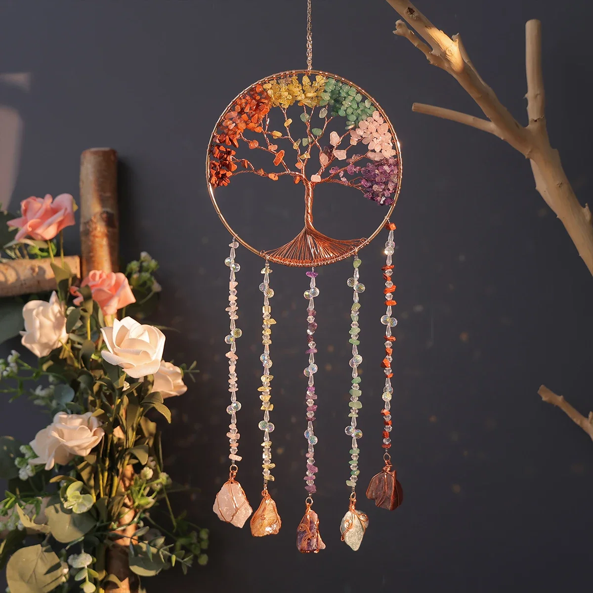 Natural Colorful Agate Tree of Life Dream Catcher  Reiki Healing Natural Stone Wall Room Window Garden Wind Chimes Dream Catcher