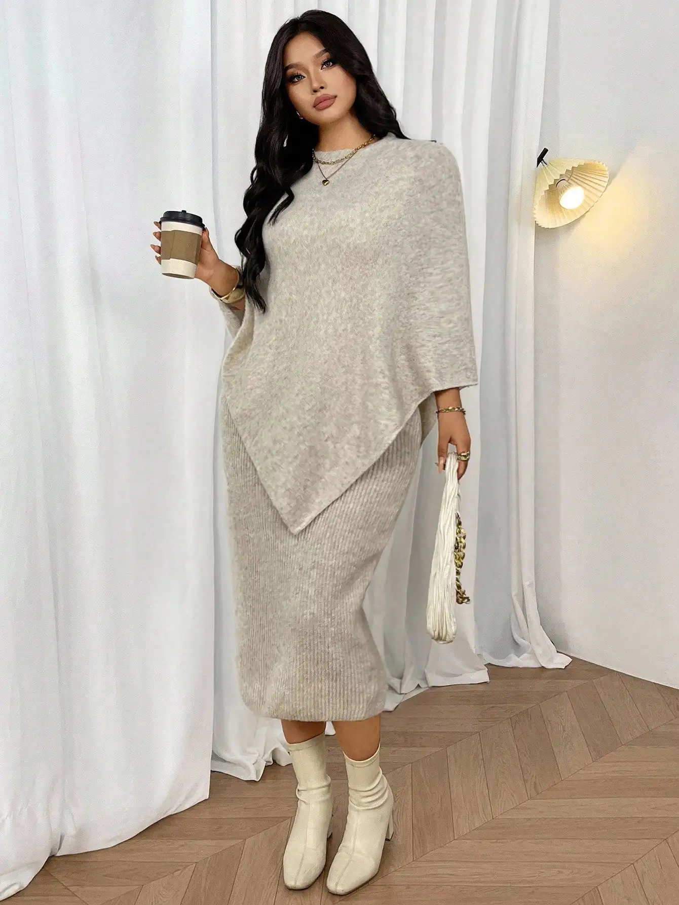 

Комплект из свитера-пончо и ребристого платья миди для женщин больших размеров, осенне-зимний вязаный костюм-двойка для повседневной носки, офиса, свиданий