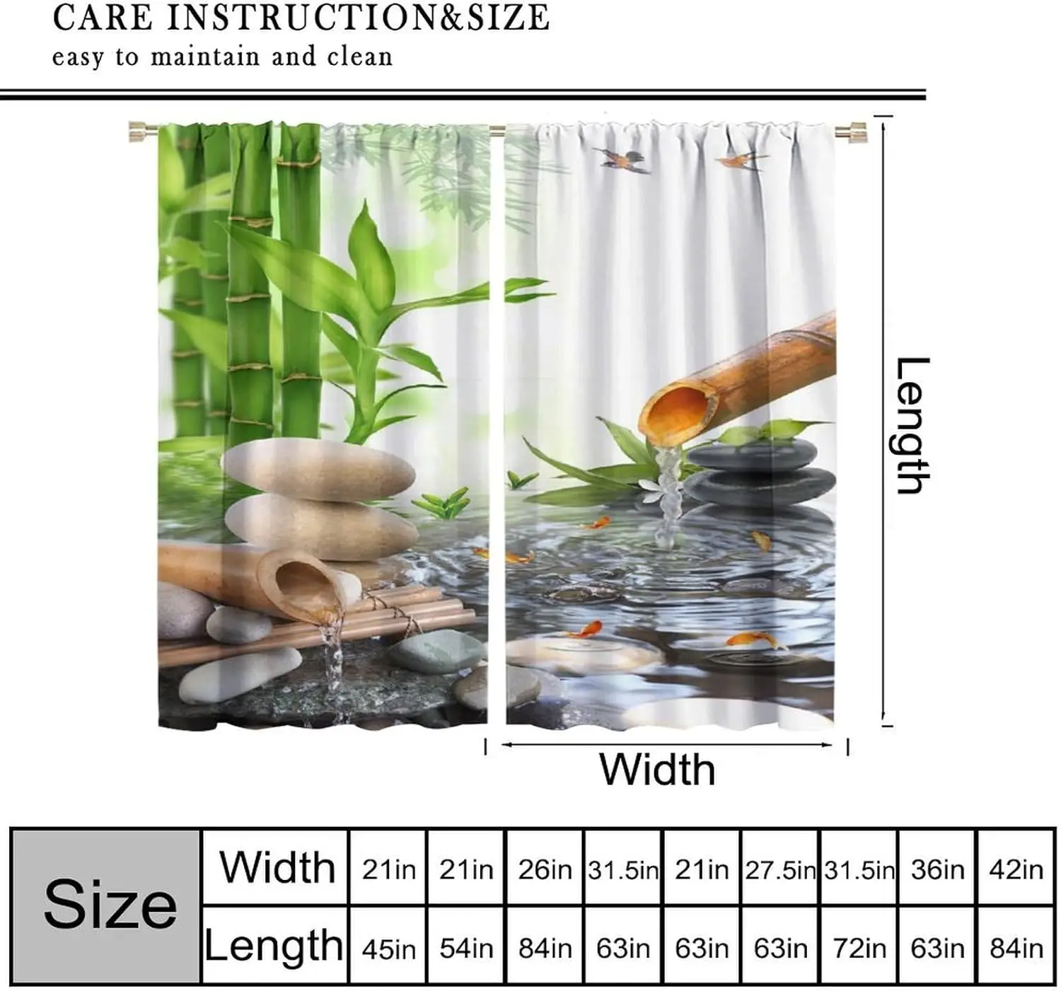 Zen Bamboo Curtains, Japanese Asian Spa Garden Zen Stone Bamboos Flower Koi Meditation Theme Window Treatment for Office