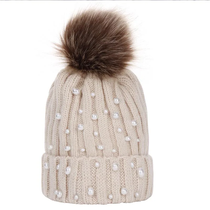 Autumn winter lovable baby warm knitted hat Fashion Pearl earmuffs Hat Girls Female Skullies Beanie Cap Pompom Hats