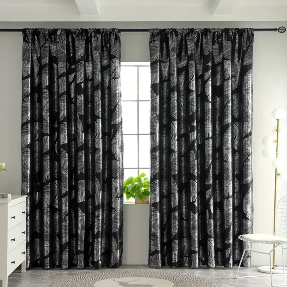 Single Layer Blackout Curtain with Leaf Pattern Print, High Precision Silver Color Drapes, Premium Light Blocking Fabric for Hom
