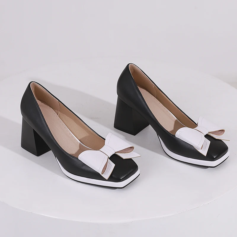 Sweet Bow-tied Women\'s Heels Shoes Elegant Blue Red Block Medium Heel Pumps Large Size Office Party Wedding Shoes