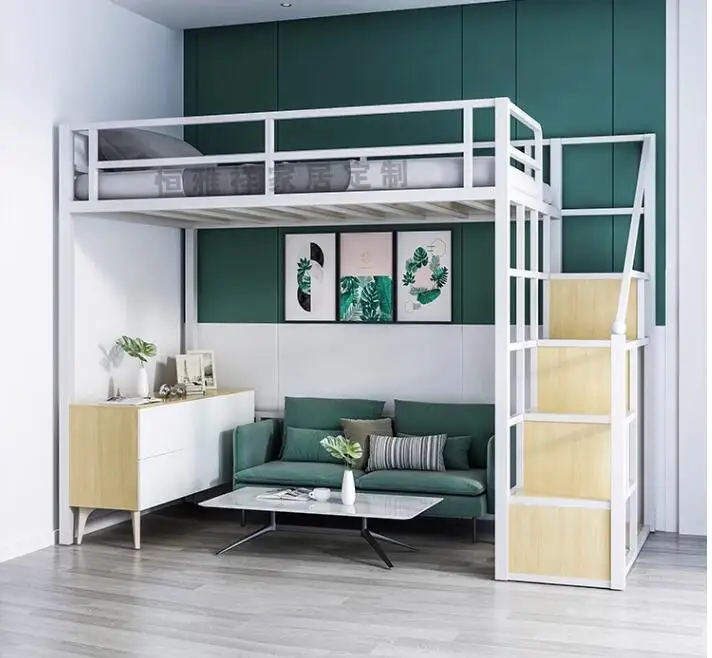 Wrought iron elevated bed sheet Upper Space saving Apartment Loft bed bed under table iron frame bed double bed