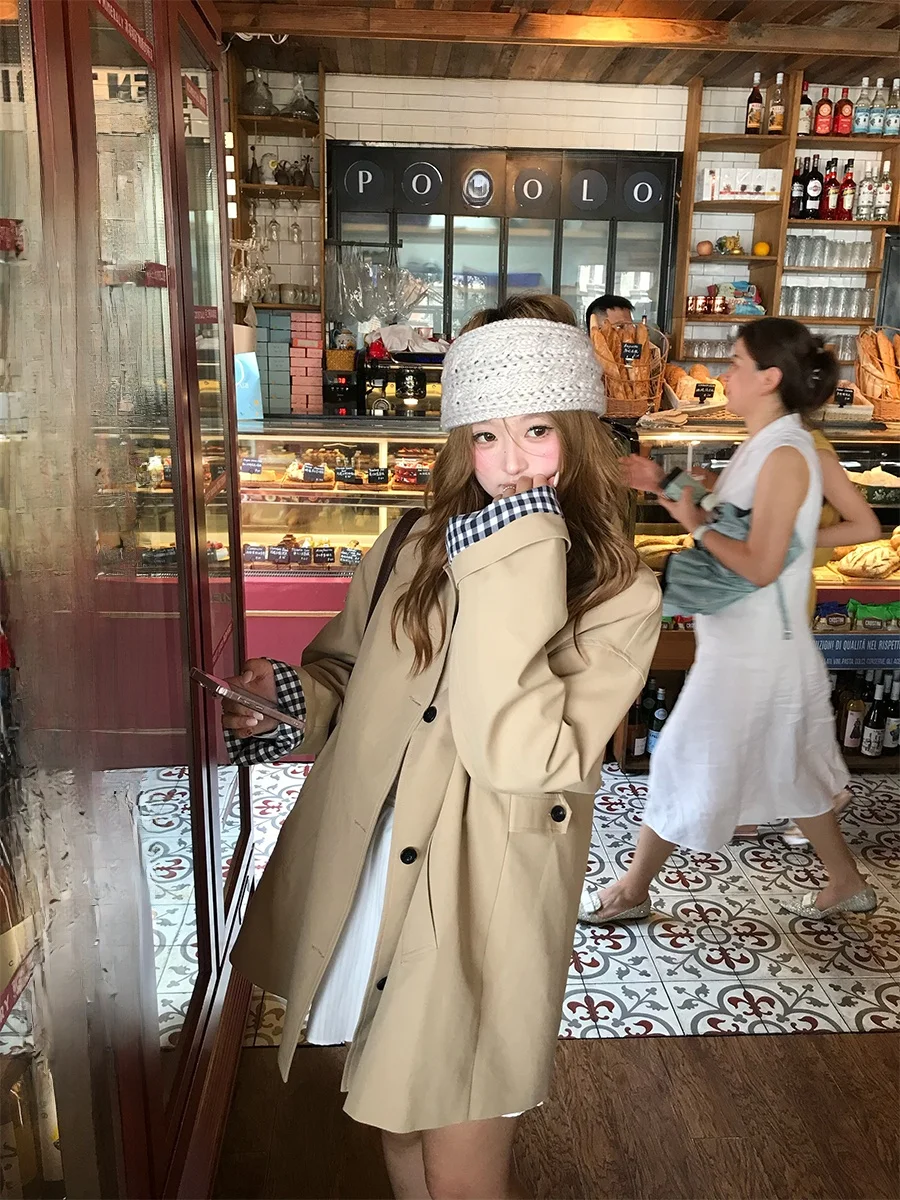 

Slimming A-Line Midi Length Plaid Contrast Color Blo Windbreaker Korean Sle Polyester Cotton Blend Long Sve Collar