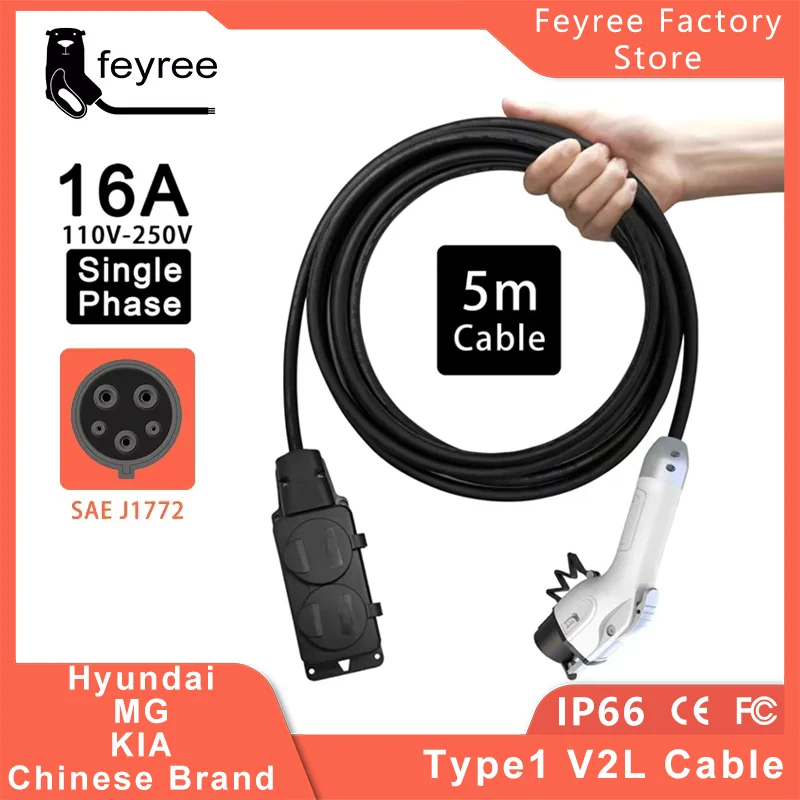 feyree Electric Car Side Discharge Plug EV Type1 16A Charger Cable with EU Socket Outdoor Power Station( need car supports V2L)