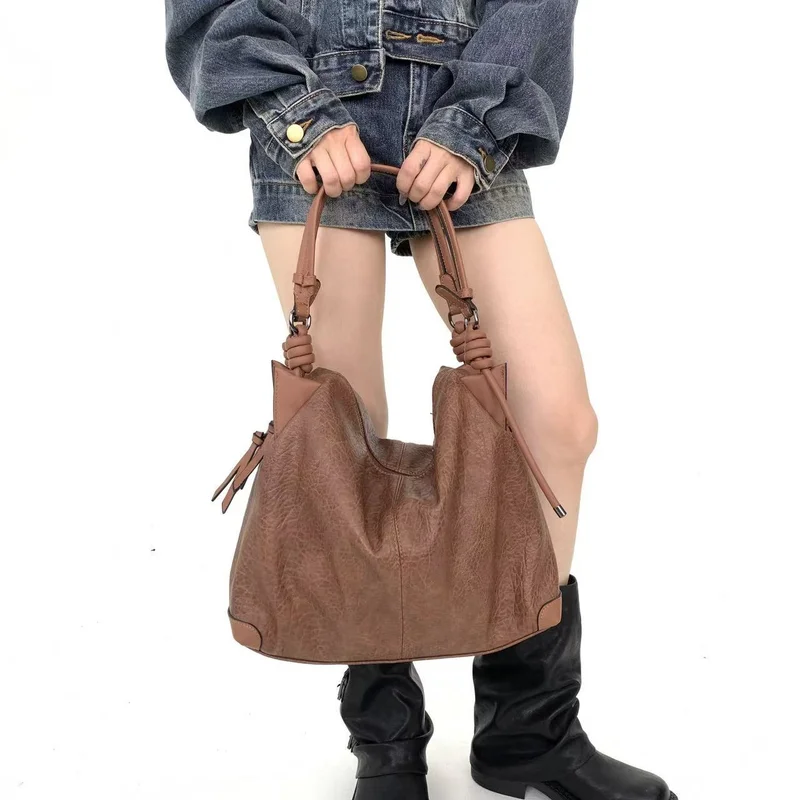 Vintage Washed Soft Leather Tote Bag for Women Large Capacity Shoulder Crossbody with Drawstring Closure Y2K Retro Style bags