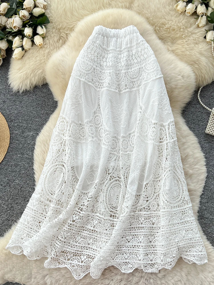 الكورية Sle الحلو الثقيلة التطريز تفريغ الدانتيل ألف خط ميدي تنورة المرأة عالية الخصر التخسيس Ci تخفيف ألياف البوليستر #2