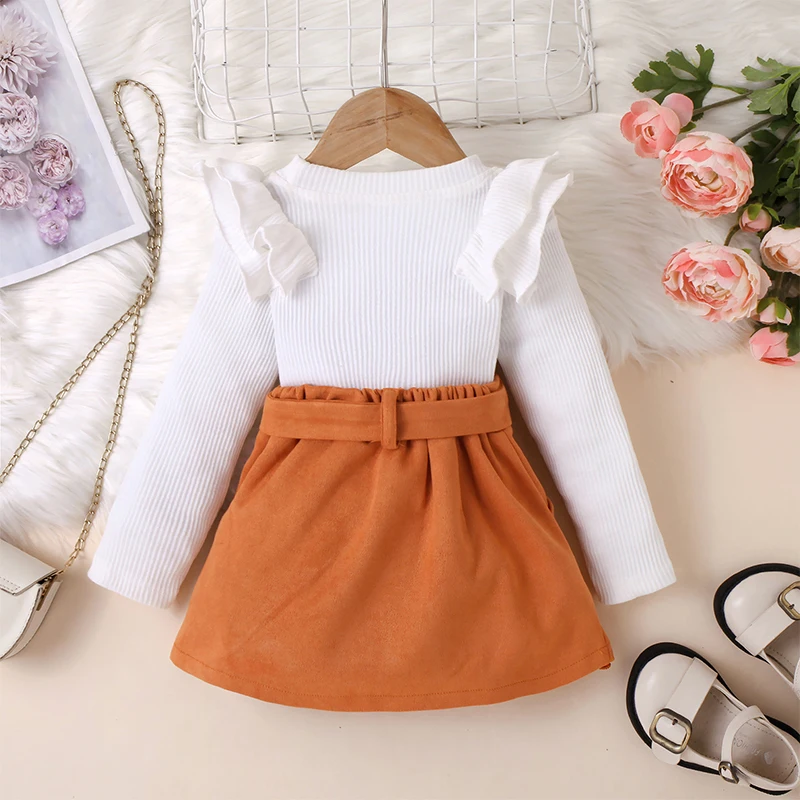 Toddler Girls 2Pcs Fall Outfits Long Sleeve Ruffled Solid Color Ribbed Tops + Belted Skirt Set Baby Clothes