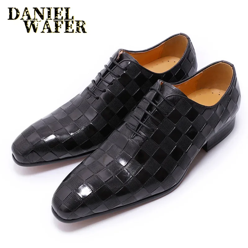 Men\'s Luxury Italian Leather Dress Shoes Fashion Plaid Print Lace-Up Black/Brown Formal Oxford Wedding Office Shoes