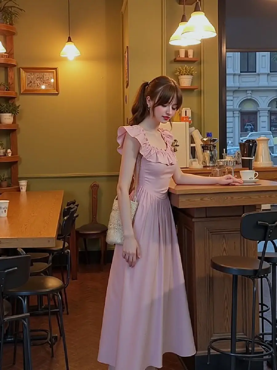 فستان نسائي وردي على طراز الأميرة على شكل حرف a متوهج على شكل دائرة متزلج كعكة واسعة متدفقة متأرجحة أنثوية جميلة حلوة