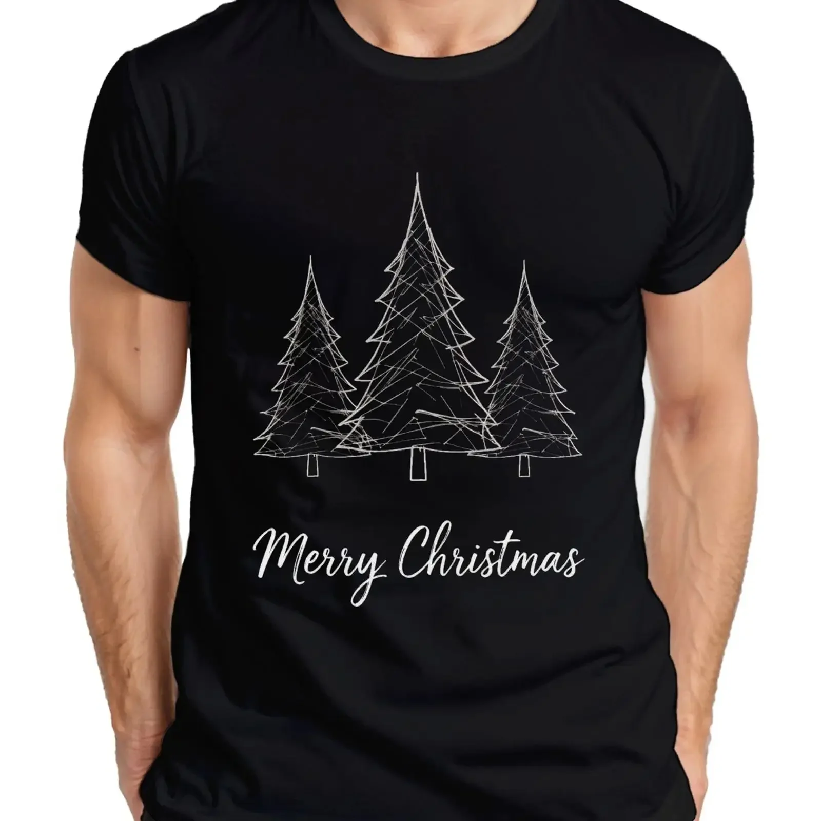 Merry Christmas Tree Sketch Hand Drawn Fir Men's T Shirt vintage Washed Soft Stretched Stylish Casual graphic