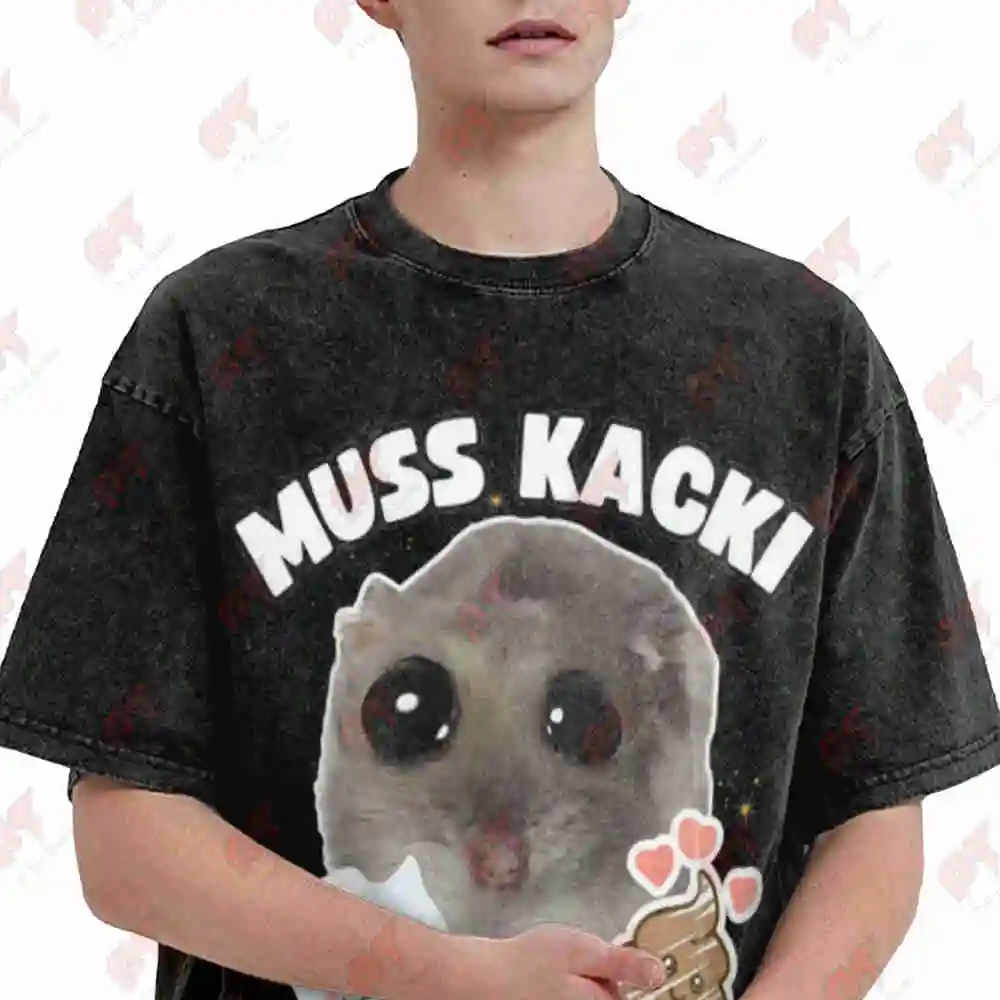 Must Kacki Funny Sad Hamster Cute Vintage Washed Tee Pure Cotton T-Shirt