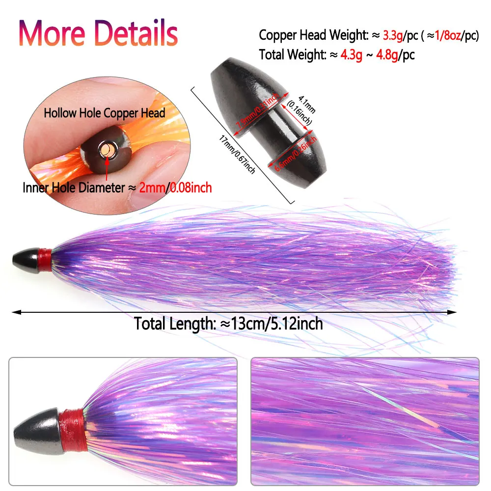 1-6 Stück 13cm/5,12 Zoll Sea Witch Copper Head Mylar Flash Teaser Tail Trolling-Köder DIY für Thunfisch, Schnapper, Salzwasser, Ballyhoo, Bass, Tintenfisch, Jigs – Detail 3