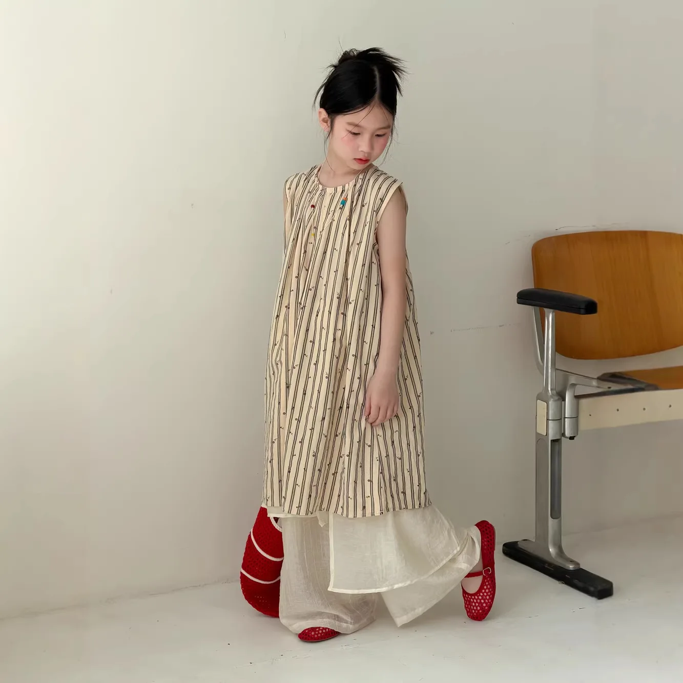 Children's Dress 2026 Summer Girls' Korean Vertical Striped Small Flower Tank Top Skirt Children's Loose Sleeveless Dress