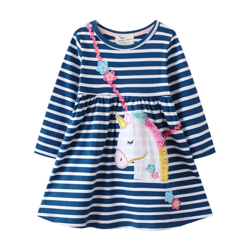 Jumping Meters Long Sleeve Princess Girls Dresses Unicorn Applique Stripe Baby Clothes Autumn Spring Kids Frocks Costume Dress