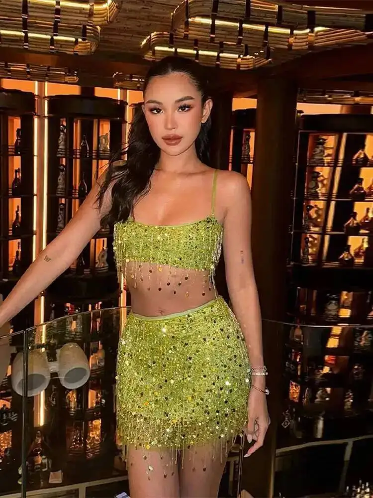 Sexy Sequ Tassel Skirt Sets Women Sling Crop Tops Hip Package A-line Short Skirts  Summer Chic Beach Party Outfits Lady