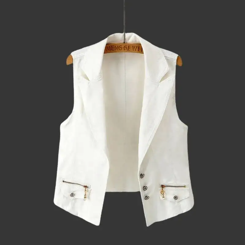 كاوبوي سترة المرأة ربيع الخريف الأبيض سترات الدنيم 2025 جديد معطف قصير موضة سستة جيب أكمام صدرية سترة الإناث #1