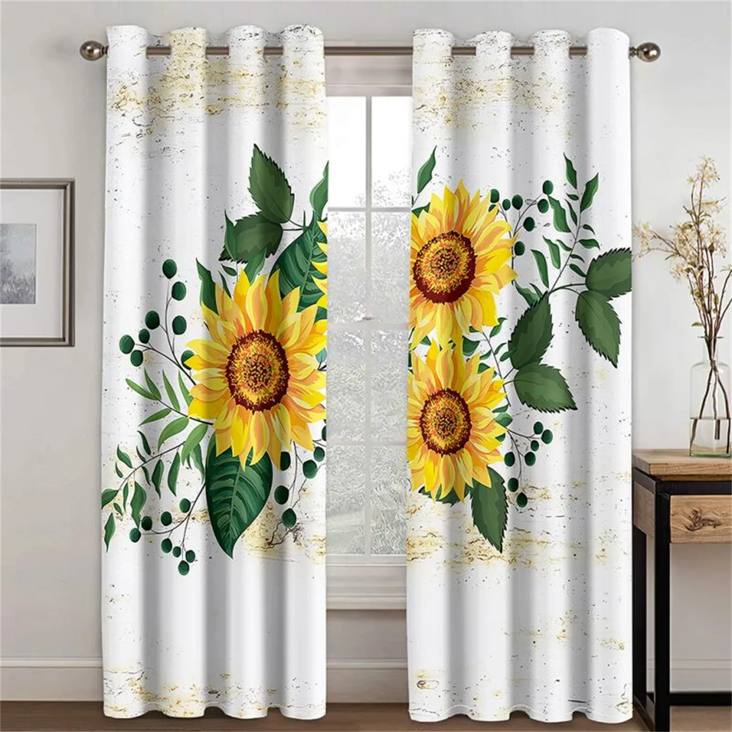 Elegant Sunflower Flower Yellow Floral Retro Light Filtering Drapes Window Curtains for Living Room Bedroom 2 Pieces Decor