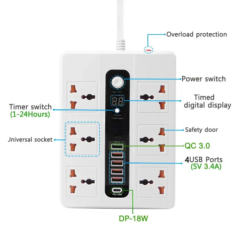 Smart 24 Hours Timer ON/OFF Power Strip Socket 6AC Universal 5USB Outlets PD 18W QC3.0 Charger Ports Extension Socket