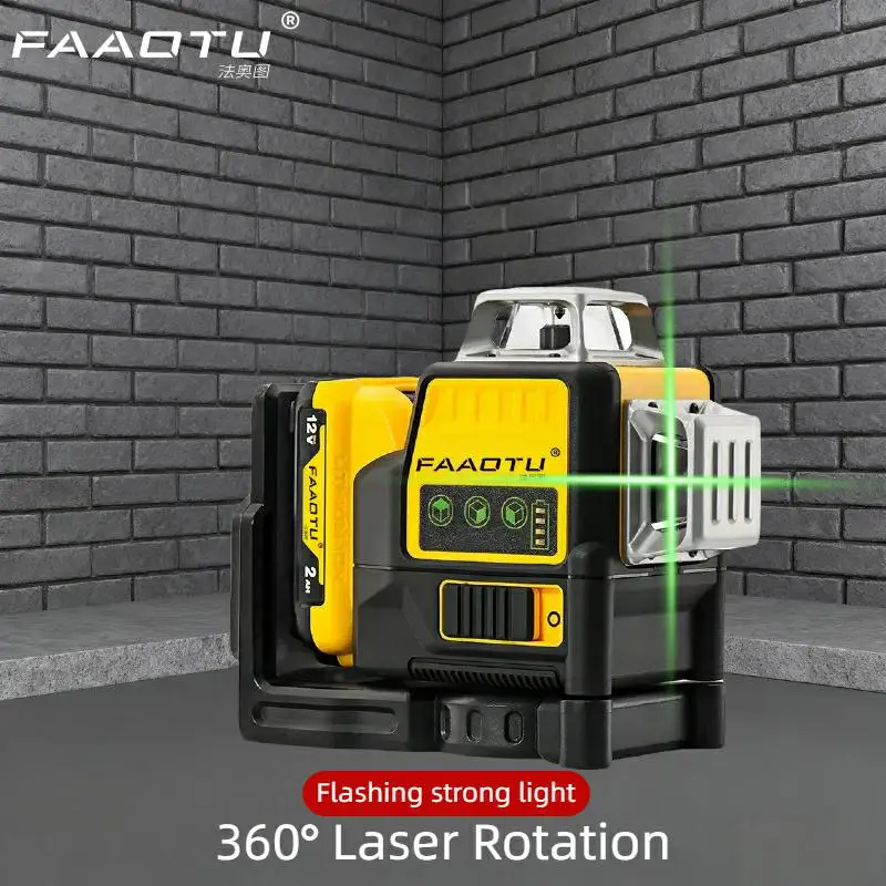 FAAOTU 089LG Professional 3-Sided 12-Line 360° Laser Level 12V DW Battery Compatible Green Laser Tool for Outdoor Use
