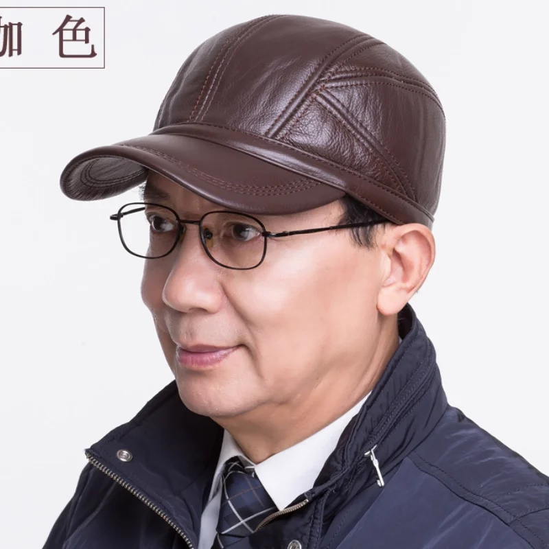 Men's Middle-aged and Elderly Genuine Leather Duckbill Cap Winter Baseball Cap Ear Protection