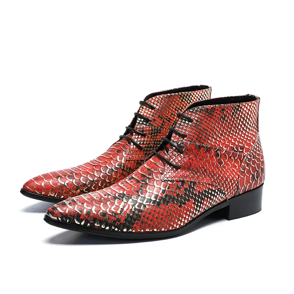 

Red Printing Lace-Up Genuine Leather High Heels Pointed Toe Boots Male Plus Size Fashion Party Wedding Business Dress Shoes