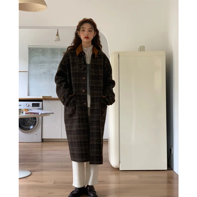 الإناث الراقية سميكة منتصف طويلة مزاجه أبلى جديد إمرأة منقوشة معطف الصوف الخريف الشتاء الكورية سترة الصوف الموضة