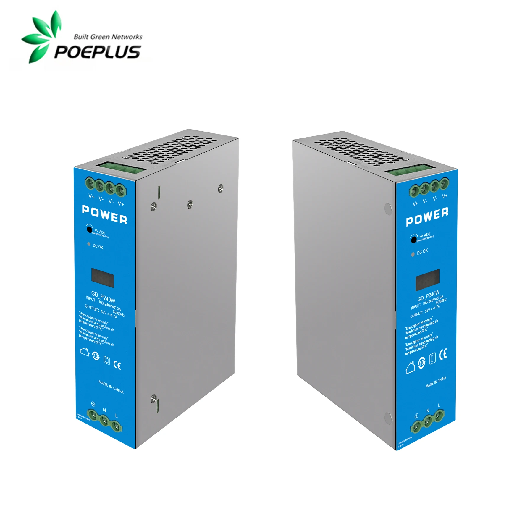240/300/480W Industrial grade DIN Power Supply,90-265Vac  in and dual 48-57Vdc adjustable out,LED screen display