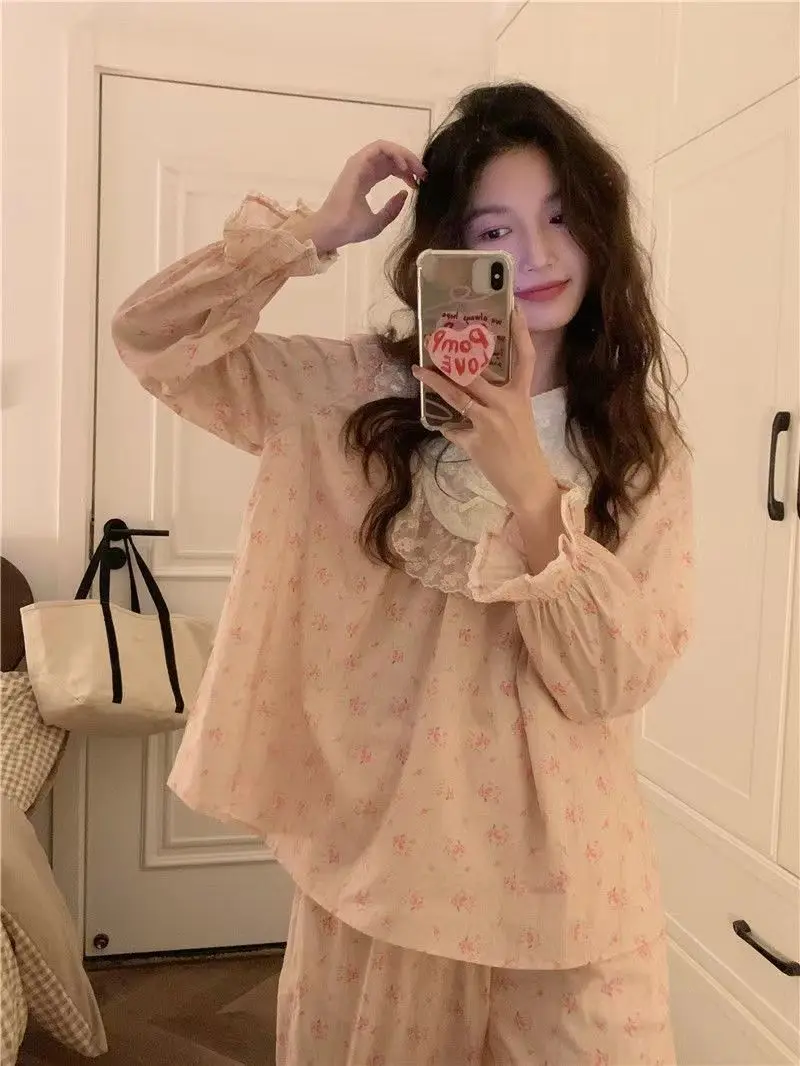 

Palace Style Floral Pajama Sets Spring Autumn French Lace Korean Version Cute Girl Young Long Sleeve Home Clothes Two-piece Set