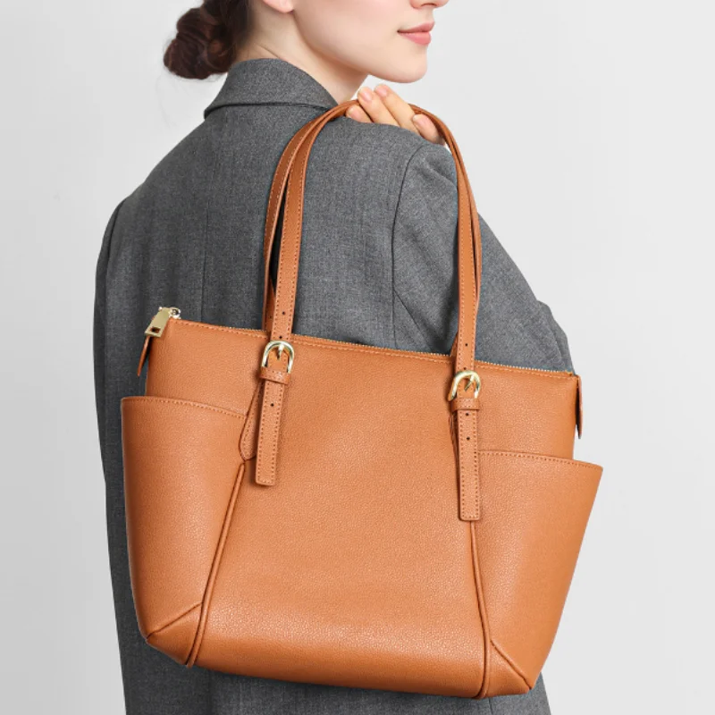 

Высококачественная кожаная сумка-тоут, женская коричневая сумка большой вместимости с боковыми карманами, сумка для покупок на молнии, деловая сумка на плечо для поездок на работу