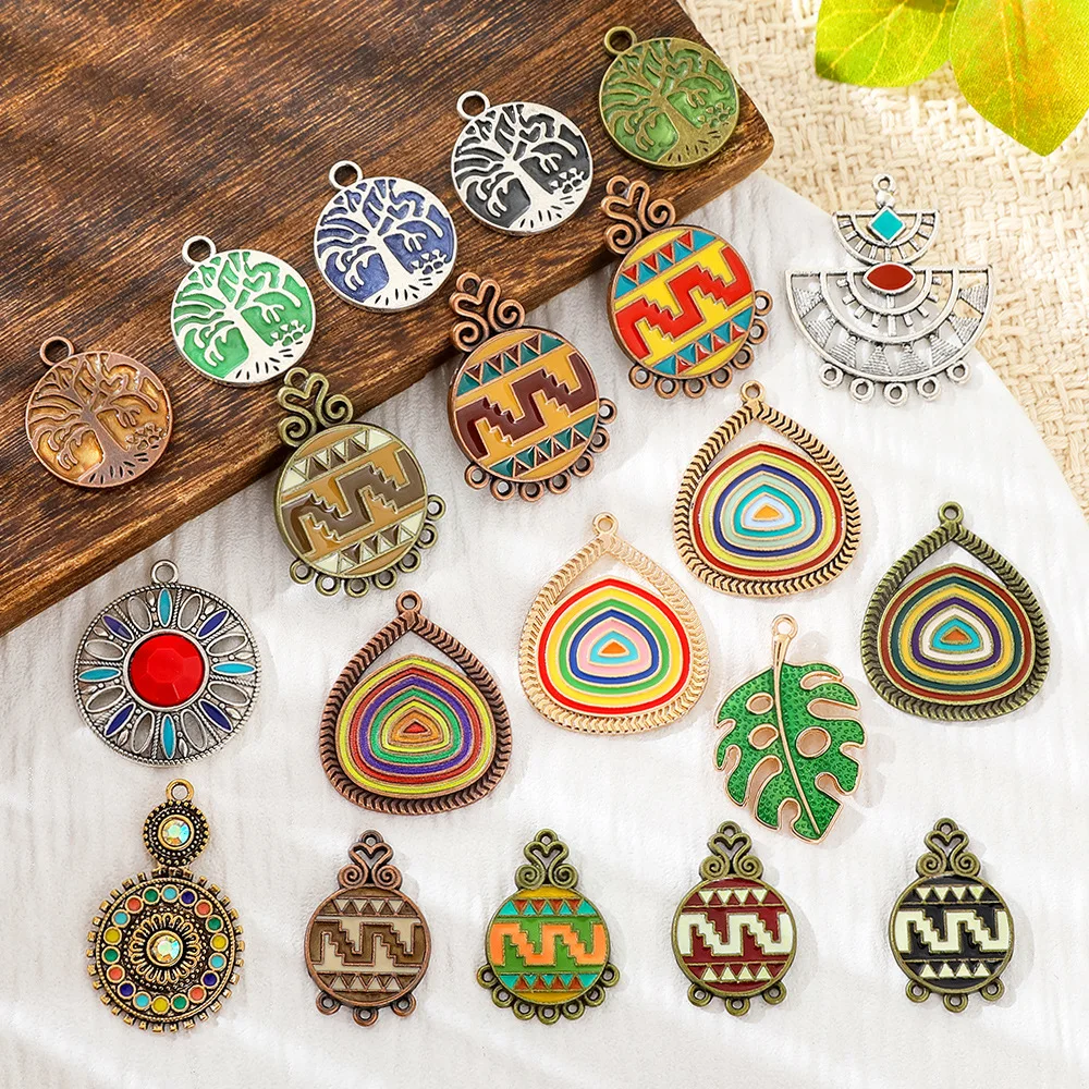 Vintage Ethnic Bohemia Colorful Enamel Alloy Pendants Charms for DIY Earrings Necklace Jewelry Making Accessories Parts