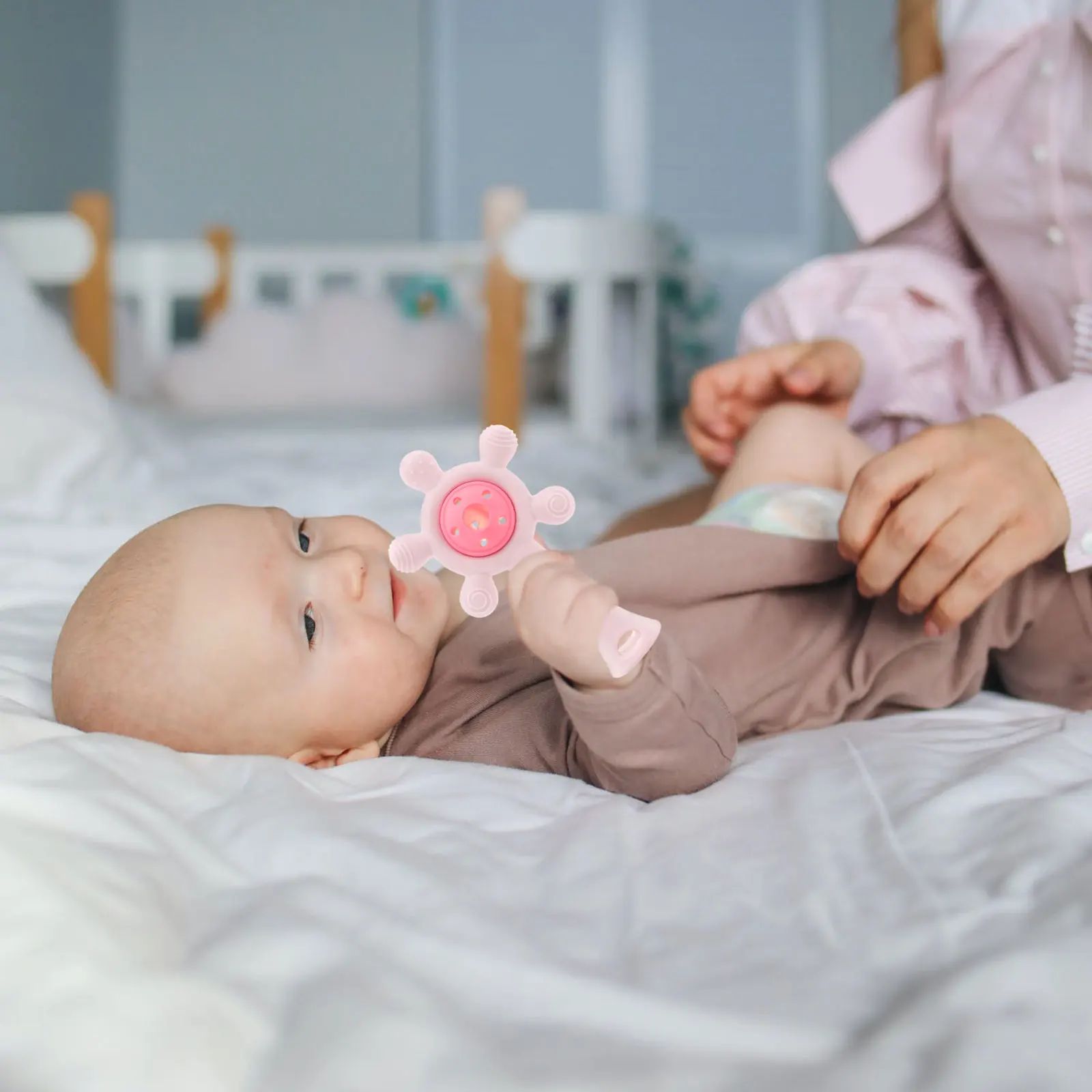 سيليكون عجلة فيريس شكل الوردي لينة مضغ عضاضة لتخفيف التسنين اليد جرس الرضع اللعب الطفل ألعاب التسنين