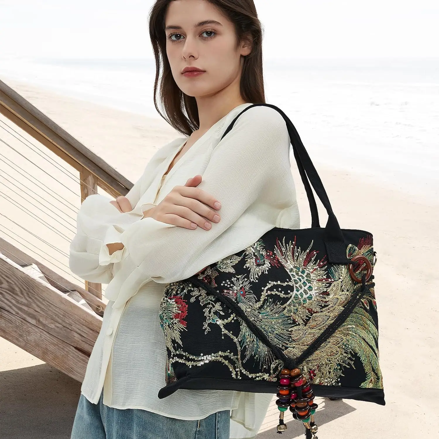 Large Capacity Women Canvas Tote Bags Embroidery Handbags Stylish Crossbody Bag Casual Shoulder Bags