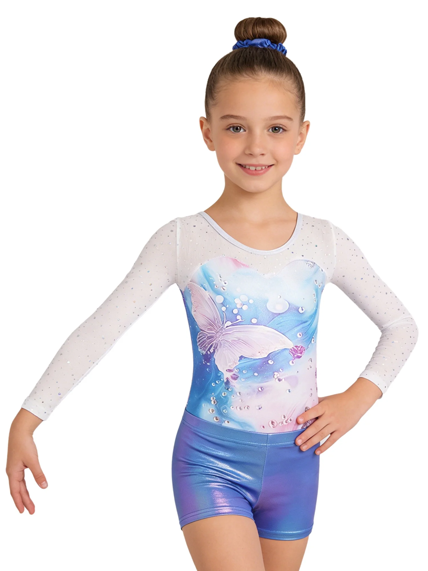 Kids Girls Rhythmic Gymnastics Figure Skating Ballet Outfit Performance Costume Long Sleeve Metallic Leotard And Shots Hairband