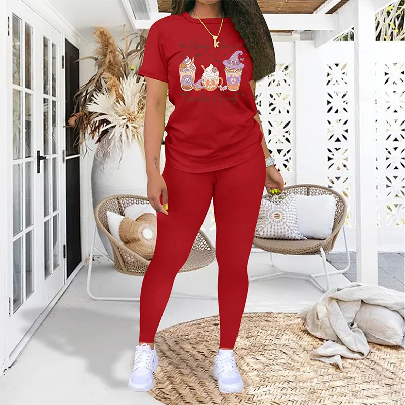 Summer Fitness Suit Coffee Print Solid Color T-shirt Leggings Women's Short Sleeved Sportswear S-2XL