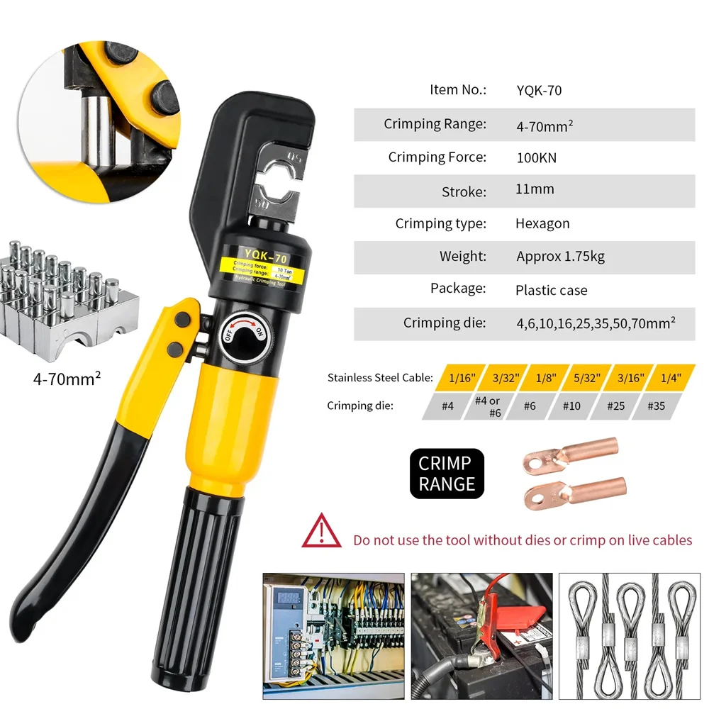 4 6 10 16 25 35 50 70mm² Hydraulic Clamp Home Hydraulic Crimping Tool, DIY Cable Wiring Crimping Plier, Cordless Hydraulic Press