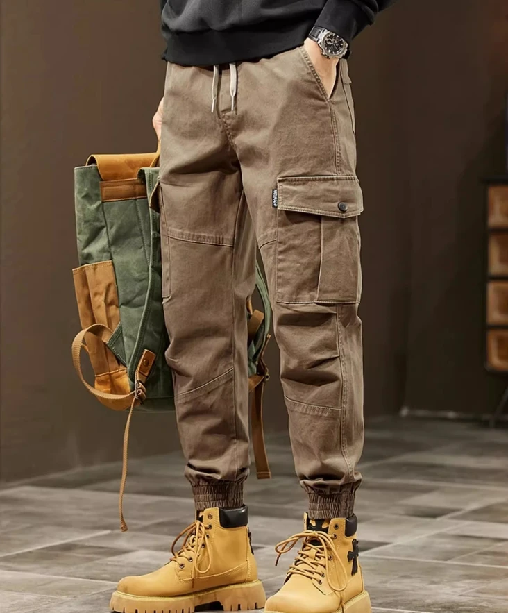 

2024 new autumn and winter youth overalls men straight leg wide-leg casual pants fashion trend draw rope multi-pocket pants