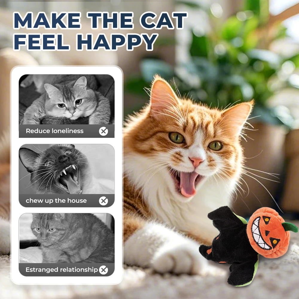 

Interactive Cat Toy Pumpkin Head Ghost Bat Halloween Flapping Toy Simulation Sound Cat Toys Touch Activated Plush Toys for Cats