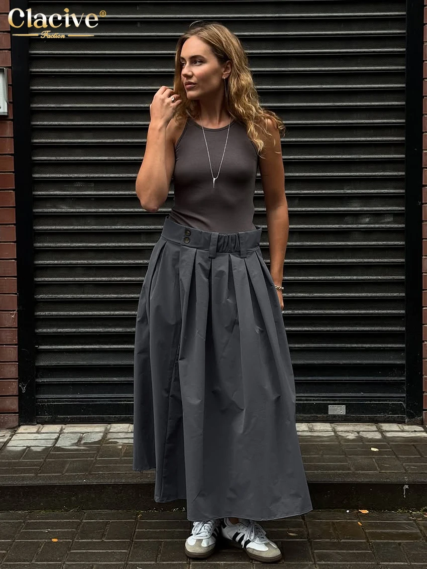

Clacive Fashion Loose Gray Women's Skirt 2025 Casual High Waist Long Skirts Elegant Classic Solid Skirt Female Clothing
