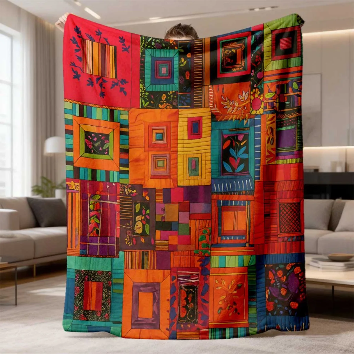 Retro Folk Floral Square Patchwork Colorful Flannel Throw Blanket Soft Cover for Couch Indoor Rustic Aesthetic Room Decor