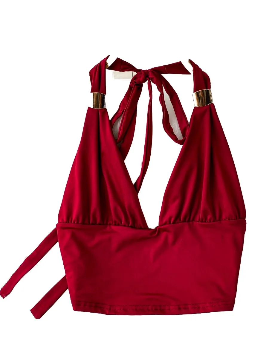 Foamlina mode haute rue Sexy dos nu col en V haut à licou femmes été Niche concepteur cravate coupe ajustée recadrée Blouse gilet