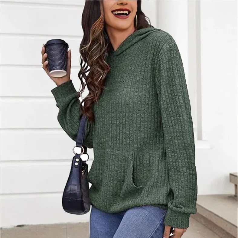 Jesień Zima Nowość z Kieszeniami Długi Rękaw Damska Bluza z Kapturem z Dzianiny w Jednolitym Kolorze Inne Style z Tajwanu