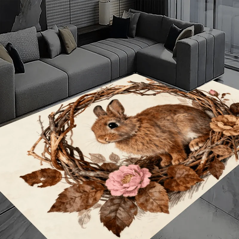 Cute Brown Bunny Flannel Rug Rabbit in Vine Wreath with Pink Rose Floor Mat Soft Non-slip Area Carpet for Living Room Bedroom