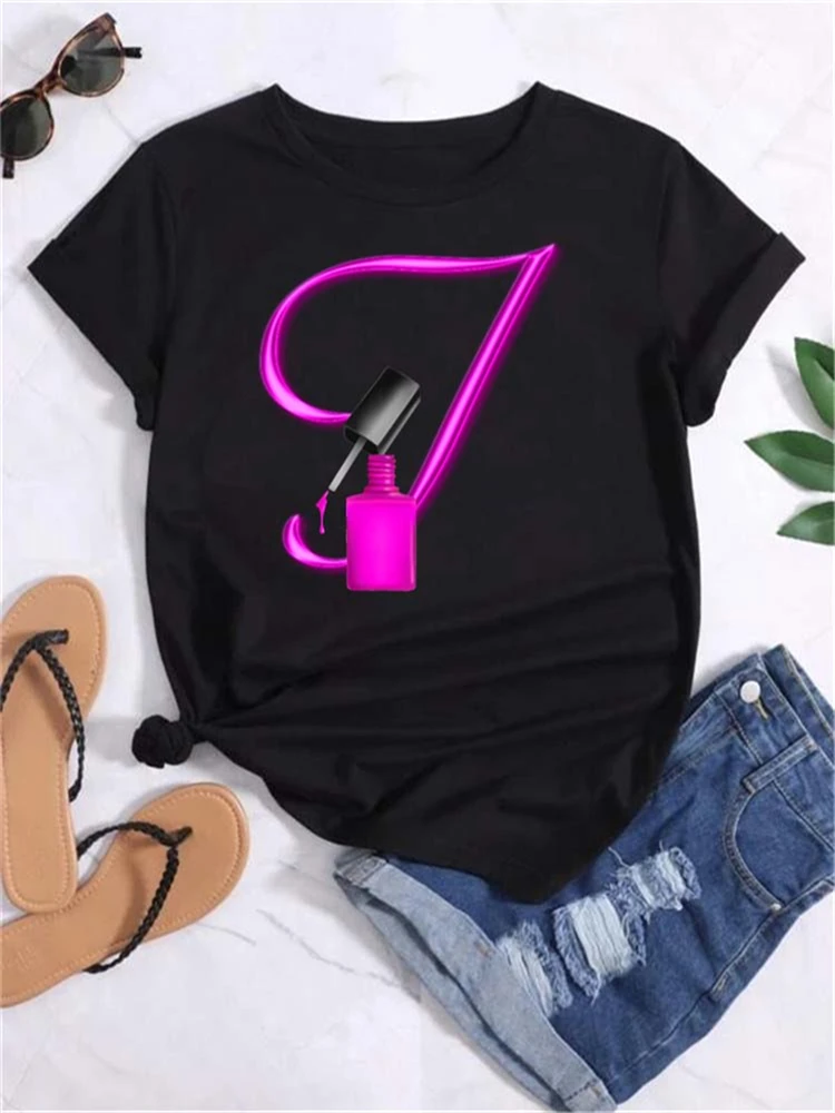 Custom Name Letter Combination Fashion Women T-shirt Nail Polish Letter Font A B C D E F G Short Sleeve Tops Female Tees